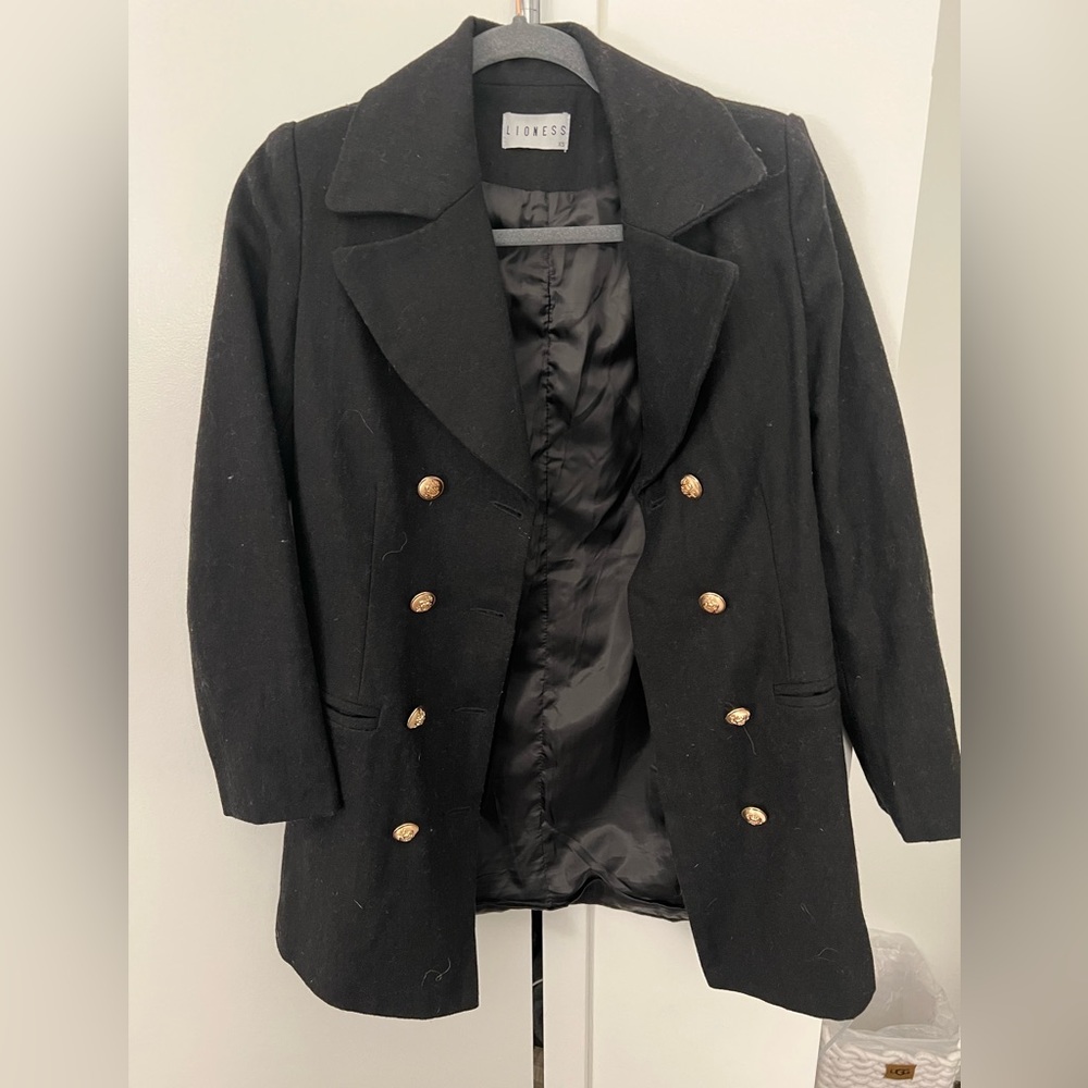 Lioness black long wool blazer with gold buttons and puff sleeves.  Size XS.